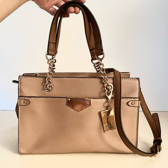 Guess Handbags - Guess Nude  Saffiano Satchel With Gold Chain Straps